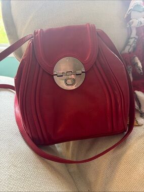Mimco Red Leather Pleated Crossbody Bag with Silver Turn-Lock